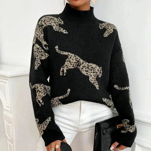 Black Casual Women's Leopard Pattern High Neck Drop Shoulder Sweater - Picture 1 of 6